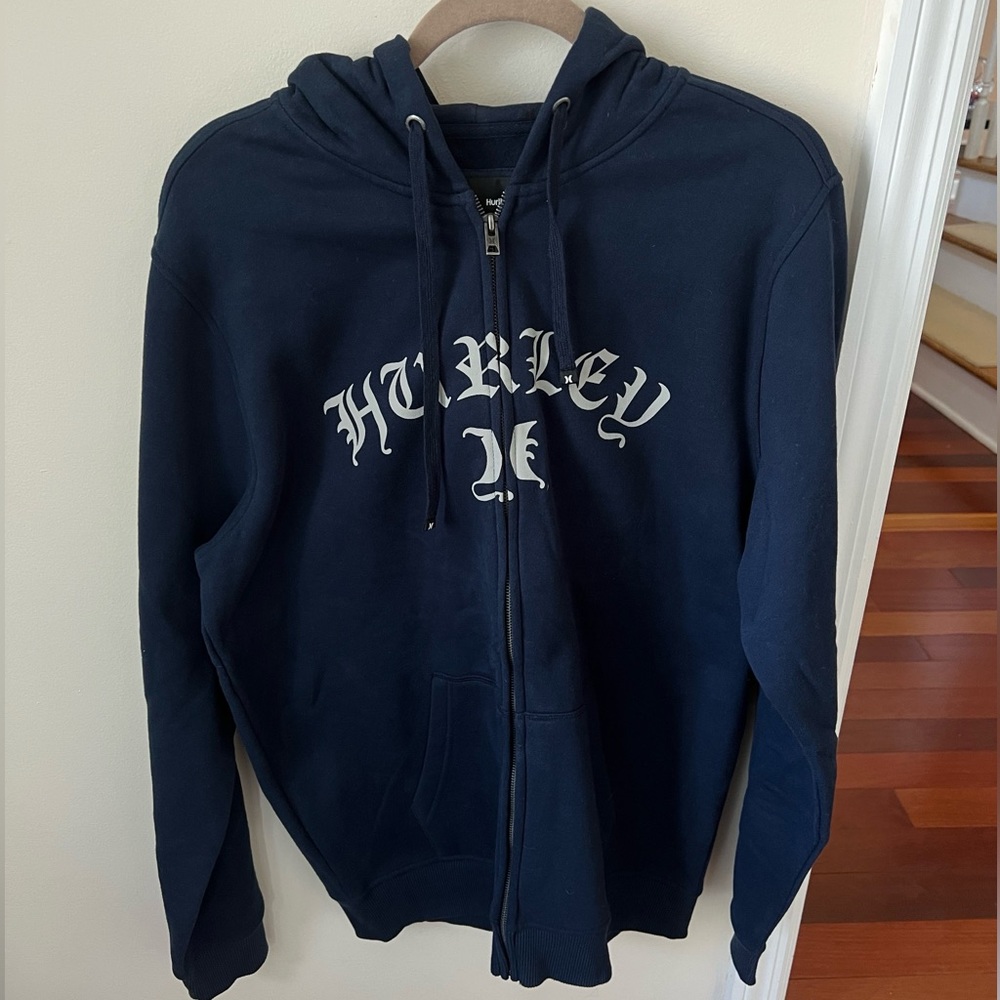 Men’s Navy Blue and Gray Hurley Logo Full Zip Hooded Sweatshirt